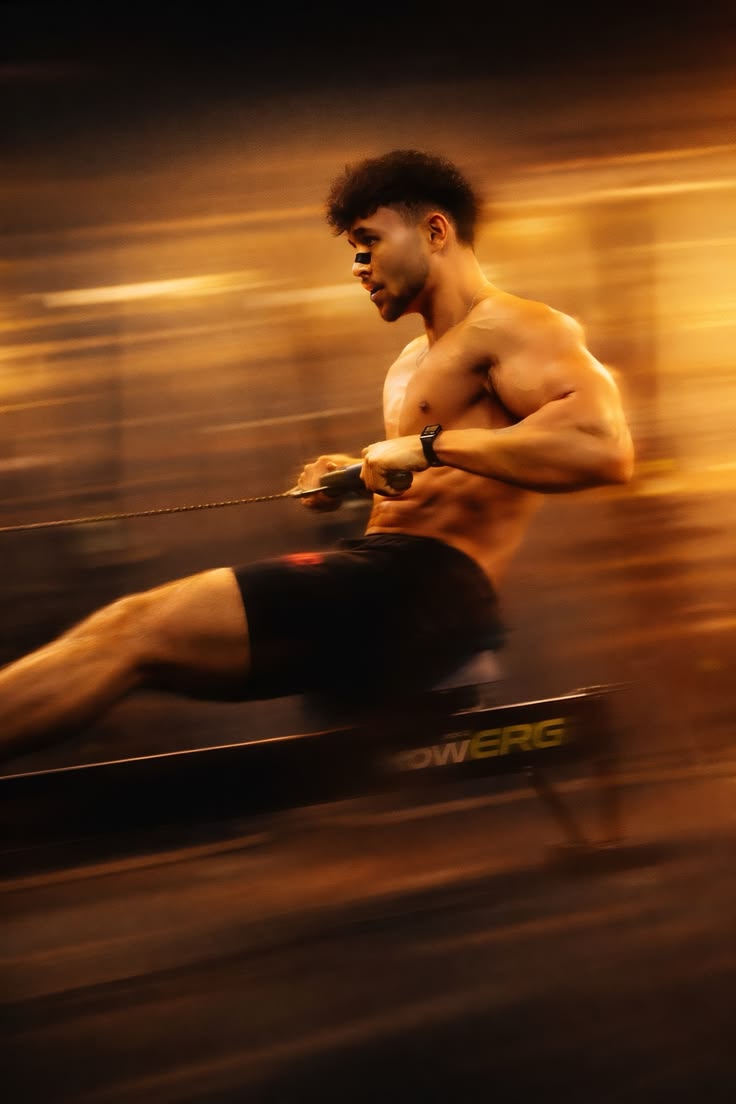 Atleta remando con luz cálida y movimiento